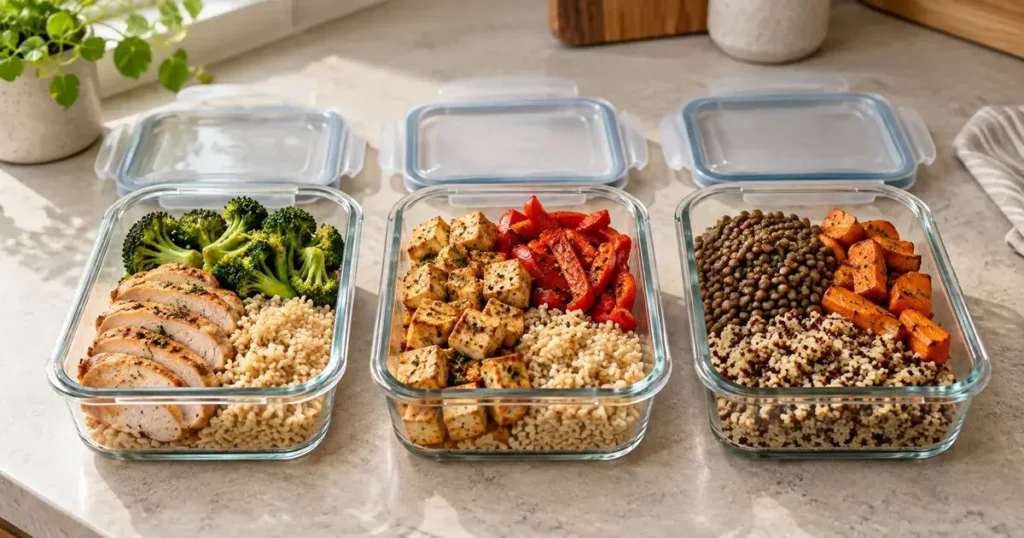 Healthy meal prep with grains and vegetables