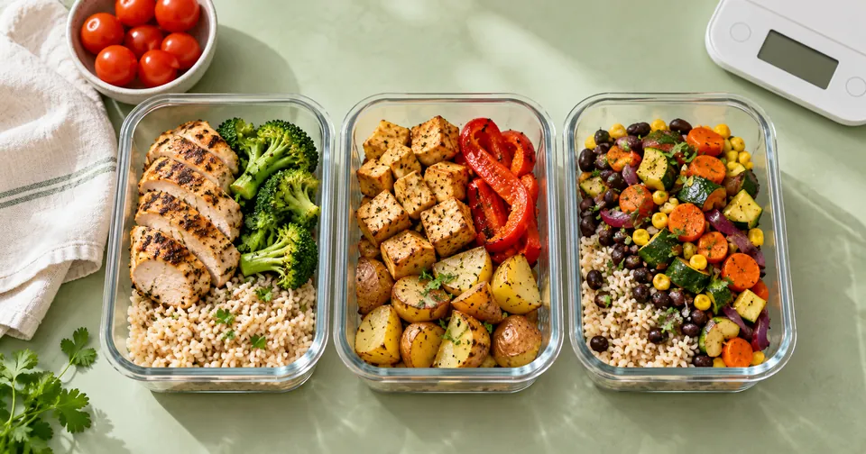 Three glass containers with chicken, tofu, beans, grains and vegetables on a green counter.