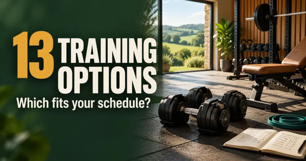 Muscle-building training options illustrated by dumbbells, resistance bands and a workout bench in a sunlit countryside home gym.