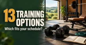 Muscle-building training options illustrated by dumbbells, resistance bands and a workout bench in a sunlit countryside home gym.