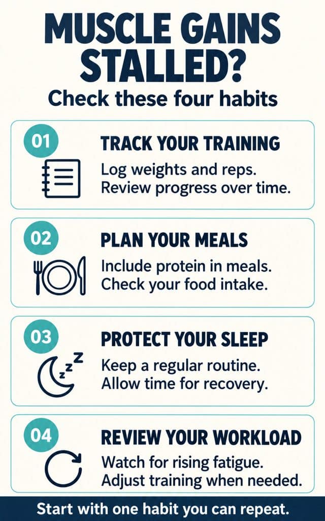 Four habits to review when muscle gains stall: track training, plan meals, protect sleep, and review workload.