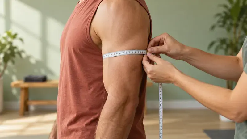 Flexible measuring tape held around a relaxed upper arm in a softly lit studio.