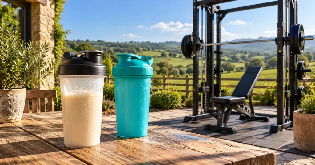 MyProtein Impact Whey Isolate review: shaker bottles on a sunny patio table with a Smith machine, weight bench and countryside behind them.