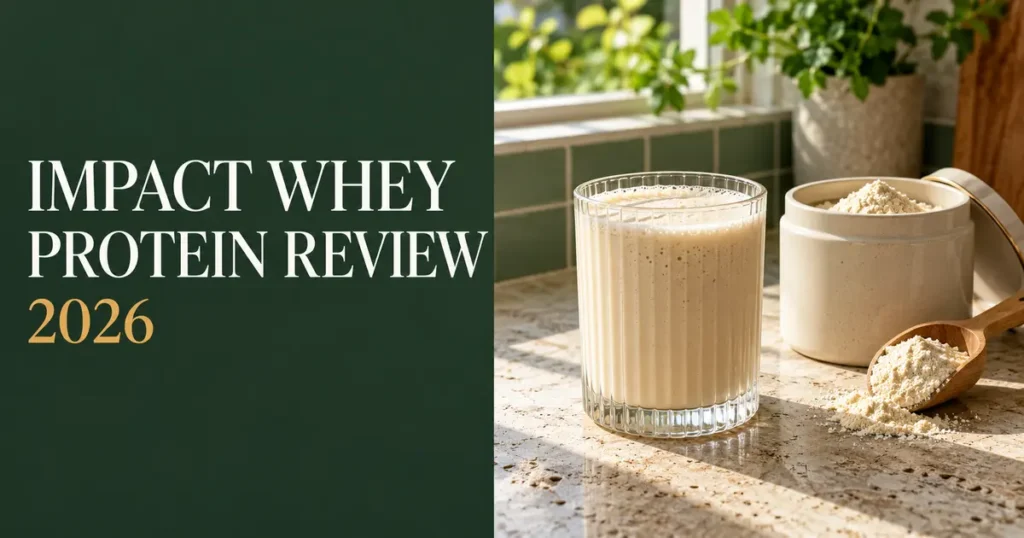 MyProtein Impact Whey Protein review 2026 illustration with a vanilla shake, ceramic powder jar and wooden scoop.