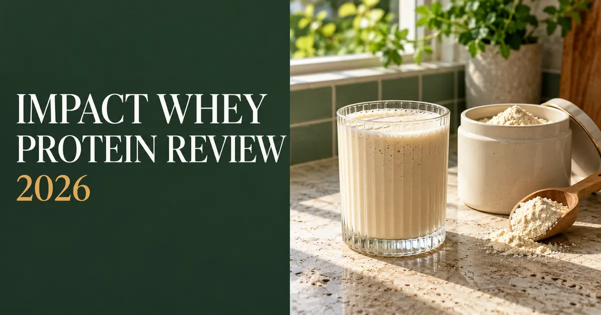 MyProtein Impact Whey Protein review 2026 illustration with a vanilla shake, ceramic powder jar and wooden scoop.