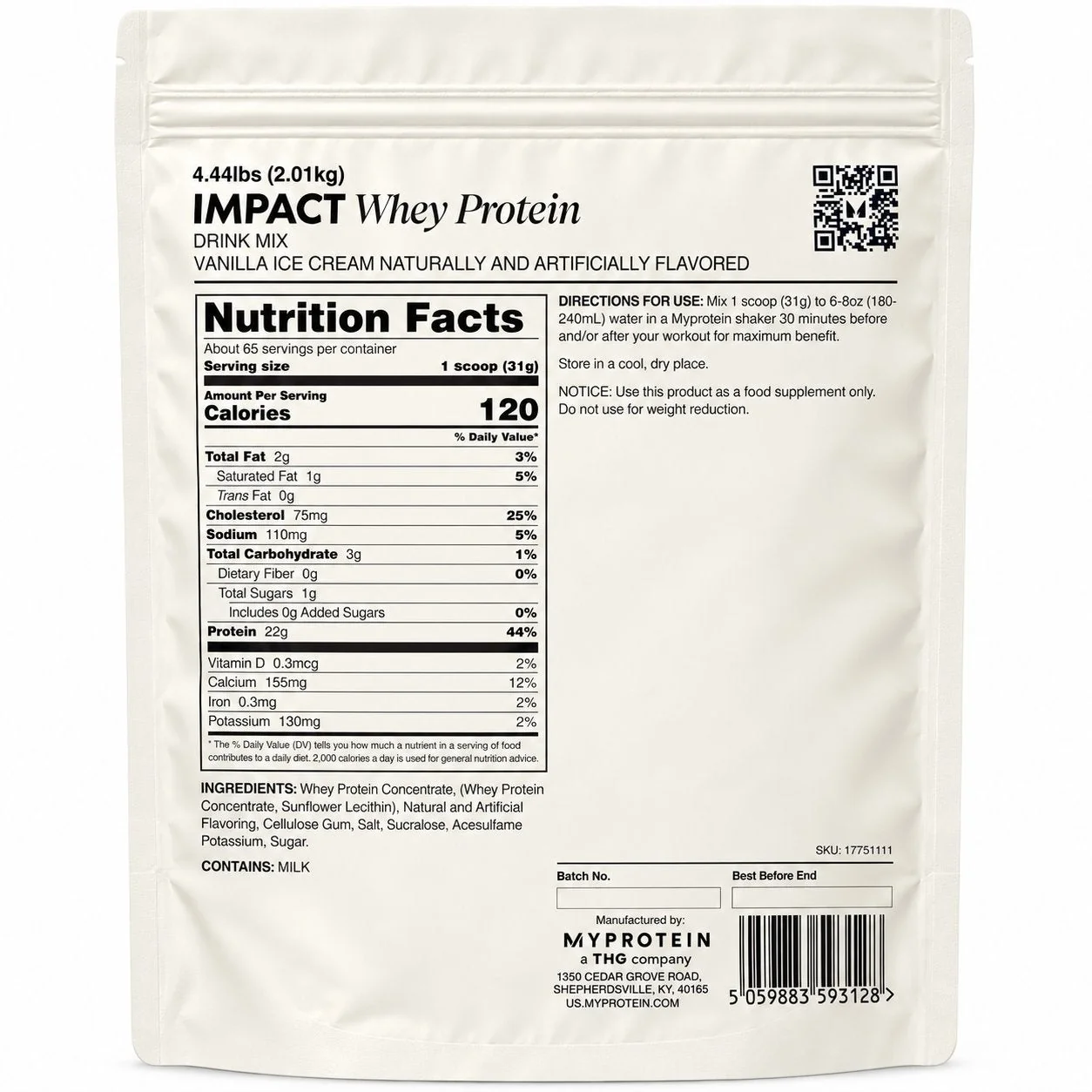 Back label of MyProtein Impact Whey Vanilla Ice Cream: about 65 servings, 31 g scoop, 22 g protein, 120 calories, ingredients and milk allergen.