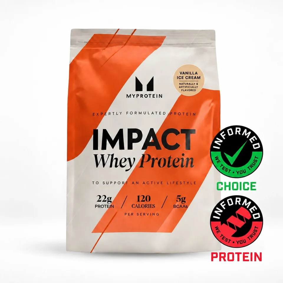 Front of MyProtein Impact Whey Protein Vanilla Ice Cream packaging showing 22 g protein and 120 calories per serving.