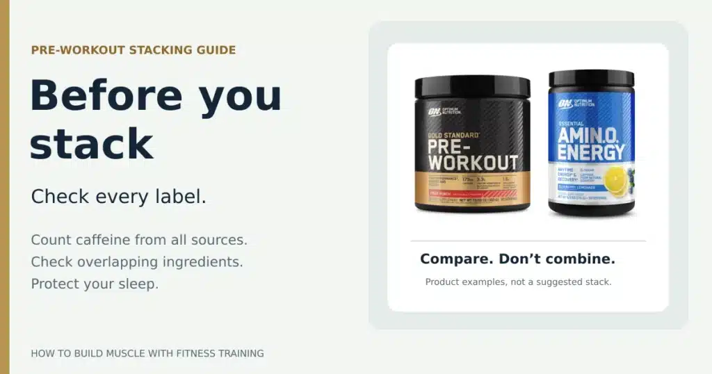 Authentic Gold Standard and Amino Energy containers beside reminders to count caffeine and check overlapping ingredients. These are comparison examples, not a suggested stack.