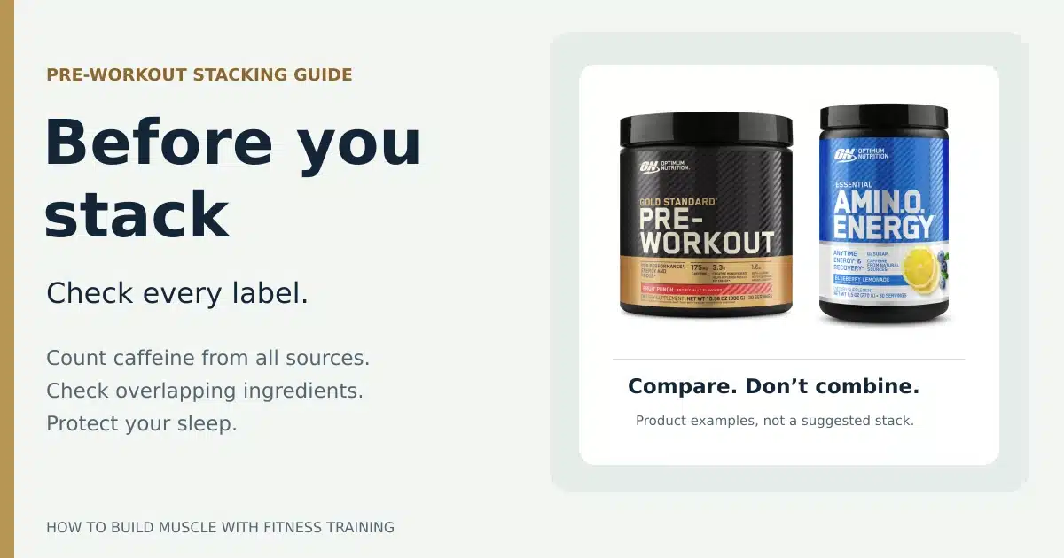 Authentic Gold Standard and Amino Energy containers beside reminders to count caffeine and check overlapping ingredients. These are comparison examples, not a suggested stack.