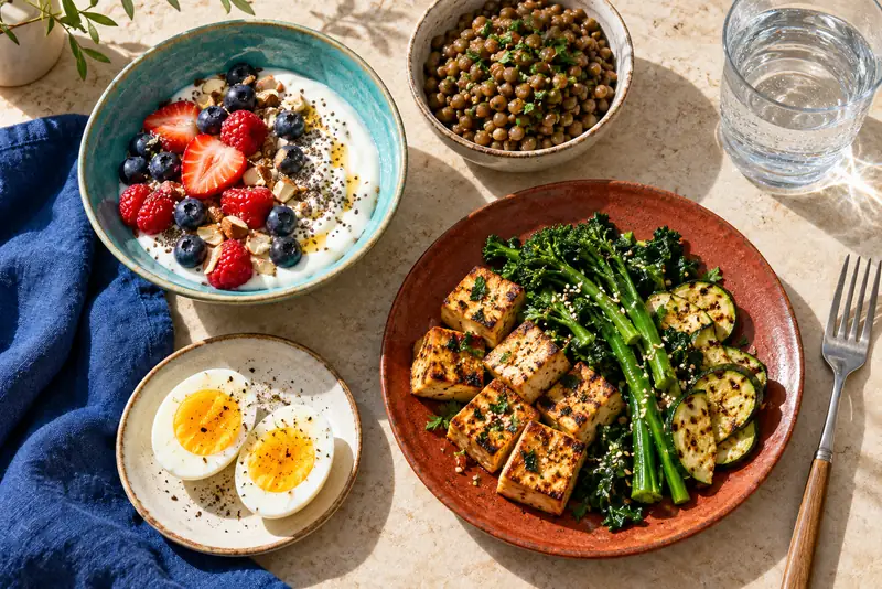 Greek yogurt, tofu, lentils and eggs arranged in colorful dishes as protein-rich food options.