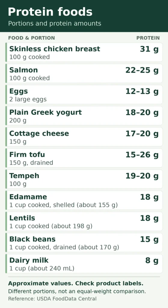 Protein foods with serving sizes and approximate protein amounts, detailed in the accompanying table.