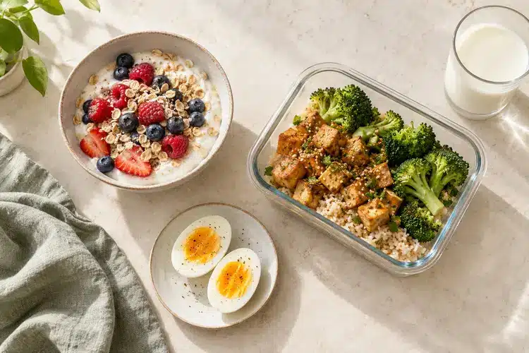 Yogurt with berries and oats, tofu with rice and broccoli, boiled eggs and milk arranged on a kitchen counter.