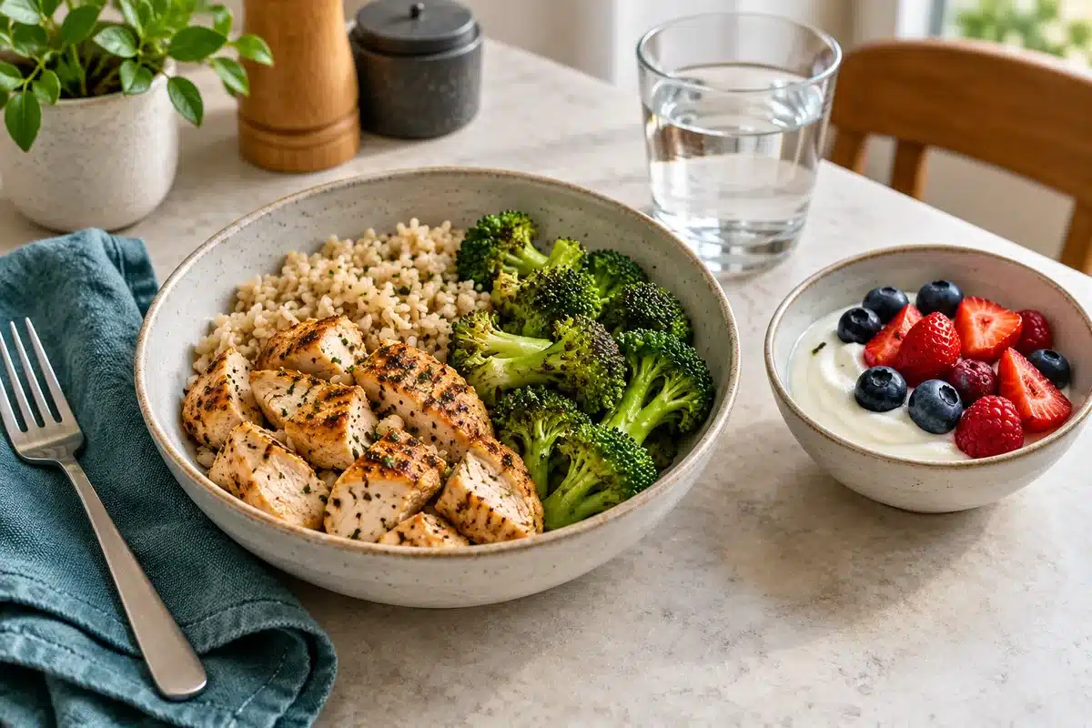 Chicken, rice and broccoli with Greek yogurt, berries and water on a kitchen table