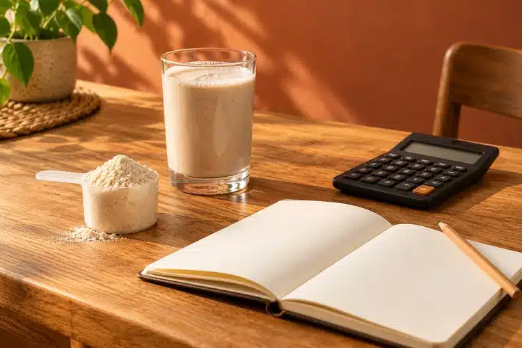 Calculator, blank notebook, protein shake and powder scoop on a warm wooden table.