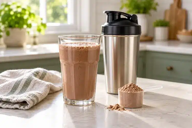 Chocolate protein shake, stainless steel shaker and powder scoop on a bright kitchen counter.
