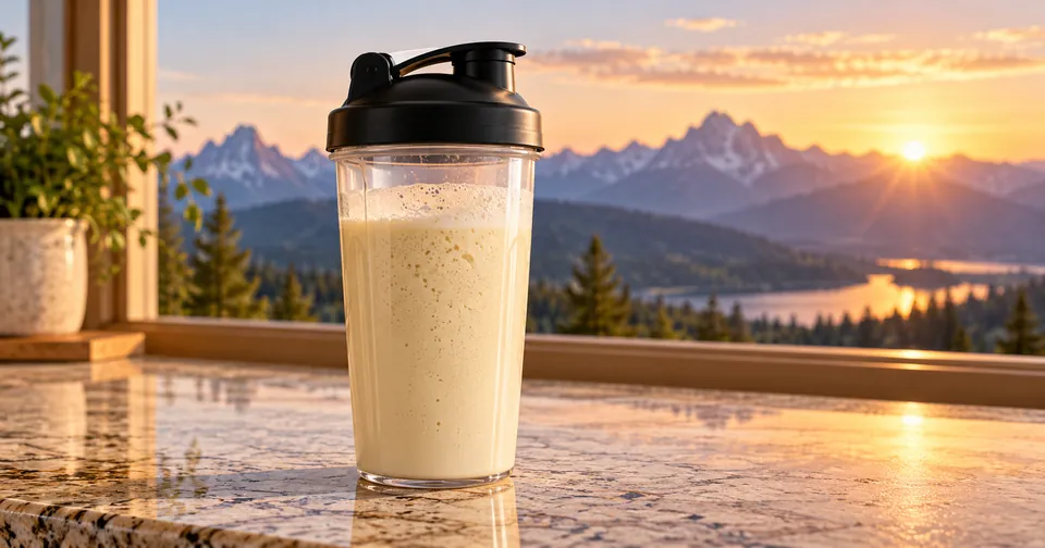 Creamy protein shake with visible foam in a clear shaker on a kitchen counter overlooking mountains at sunrise.