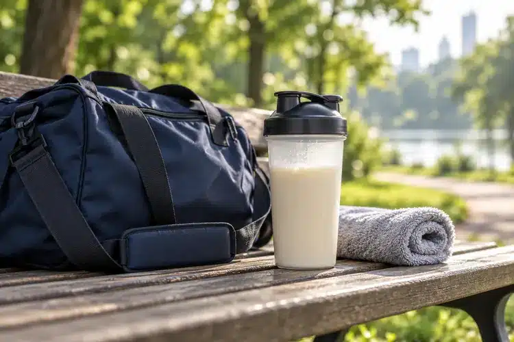 Protein shaker, navy gym bag and rolled towel on a bench in a leafy park.