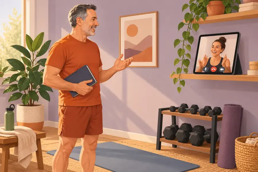 Man discussing his workout with a remote coach on a tablet