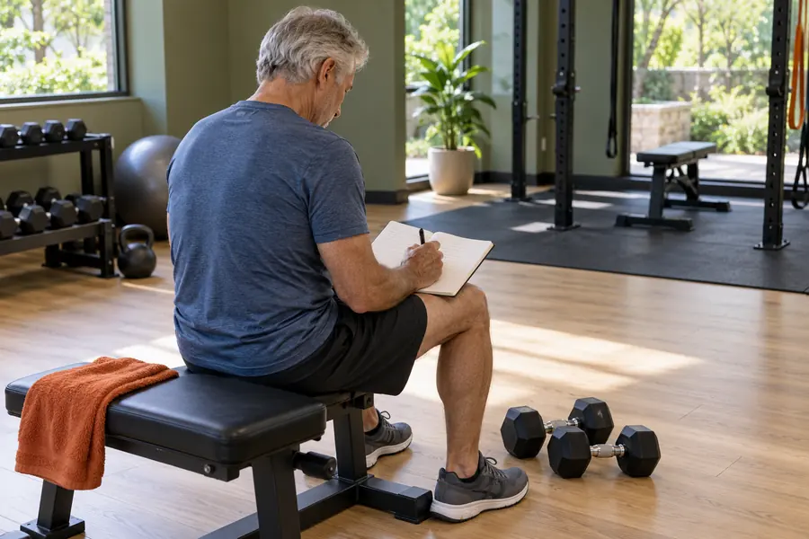 Older adult recording a strength-training session in a notebook beside dumbbells in a bright community gym.