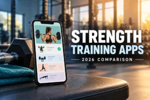 Strength training apps comparison for 2026 with a smartphone and dumbbell in a gym