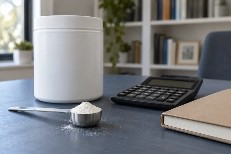 An unbranded supplement container, powder scoop, calculator and notebook on a blue tabletop.