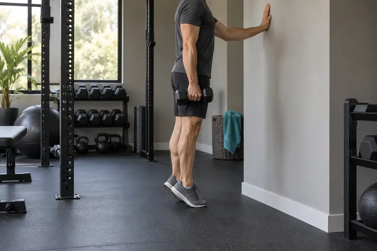 Adult performing a standing calf raise while holding a dumbbell and using a wall for support.