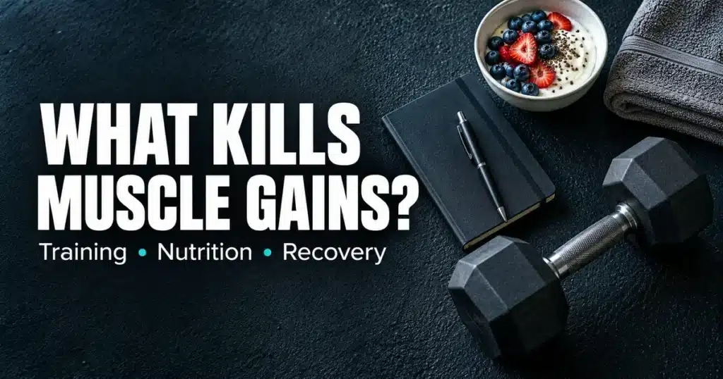 What kills muscle gains? Training, nutrition, and recovery, illustrated with a dumbbell, notebook, yogurt, and towel.