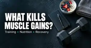 What kills muscle gains? Training, nutrition, and recovery, illustrated with a dumbbell, notebook, yogurt, and towel.