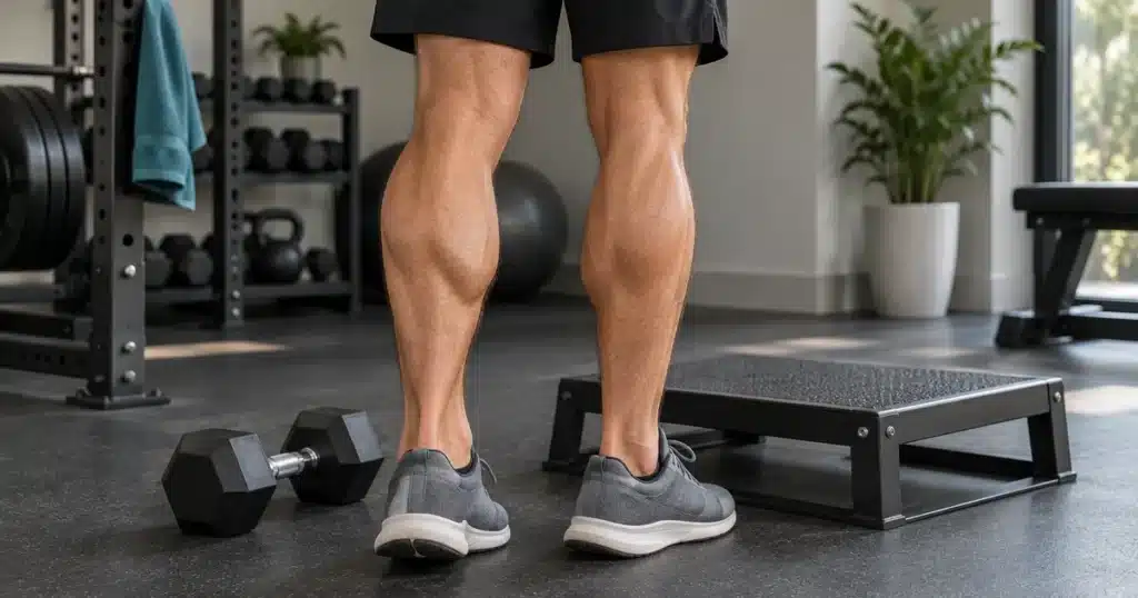 Rear view of an adult's calves beside a dumbbell and exercise platform in a home gym.