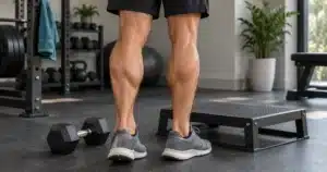 Rear view of an adult's calves beside a dumbbell and exercise platform in a home gym.