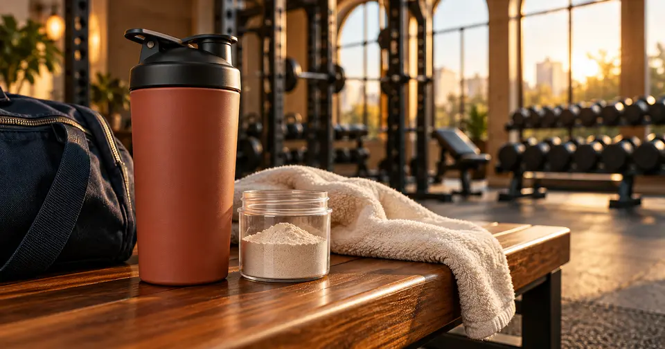 Terracotta shaker and clear protein-powder travel container beside a towel on a sunlit gym bench.
