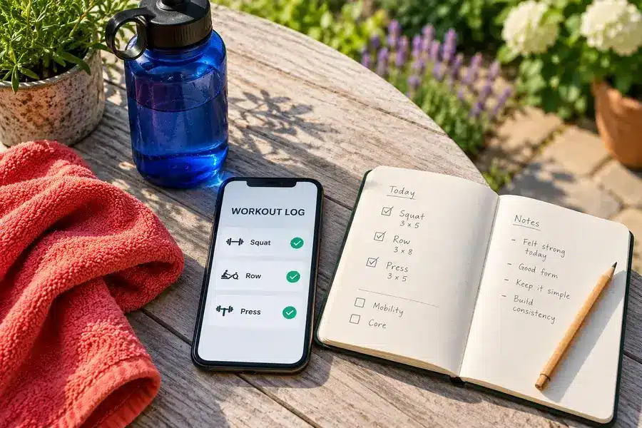 Smartphone workout log beside a handwritten fitness journal on a patio