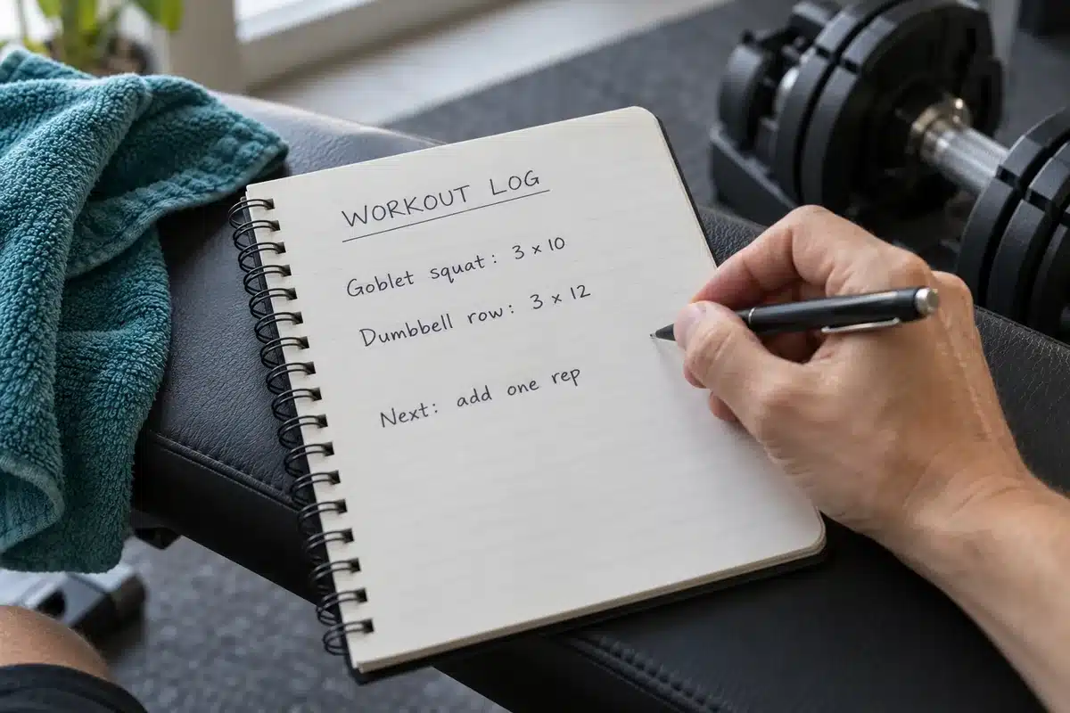 Hand writing goblet squat and dumbbell row sets in a workout journal