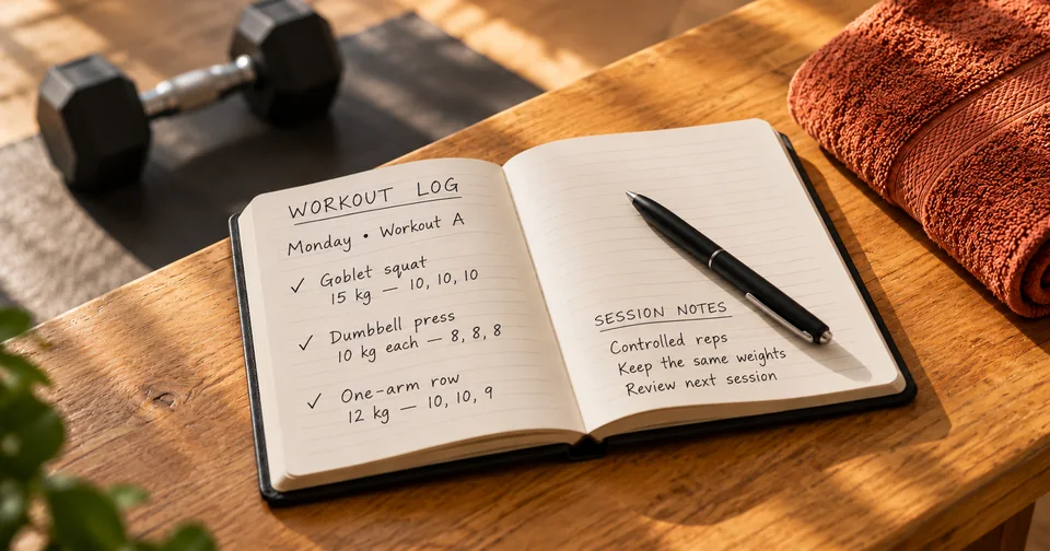 Open workout journal with sample exercises, weights, repetitions and session notes beside a pen and orange towel.