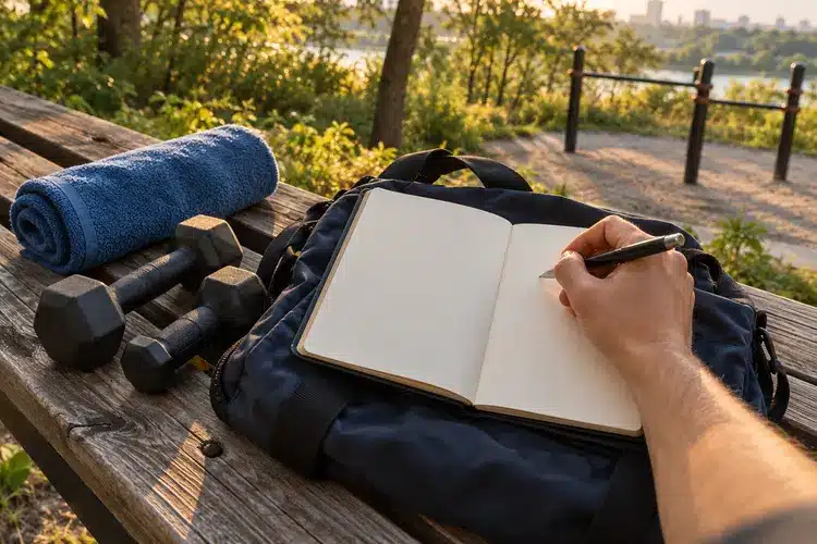 A hand holding a pen over a workout notebook beside dumbbells and a towel on an outdoor bench.