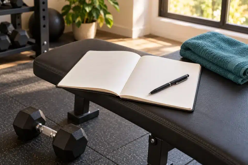 An open workout notebook and pen on a weight bench beside a teal towel, with a dumbbell on the floor.